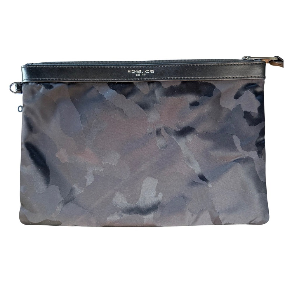 Michael Kors Pouch Bag Mens Black Camo Nylon Leather Trim Clutch Travel
